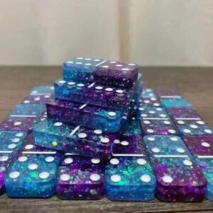 Blue & Purple Holographic Sparkle Hand Crafted 28 Piece Domino Set